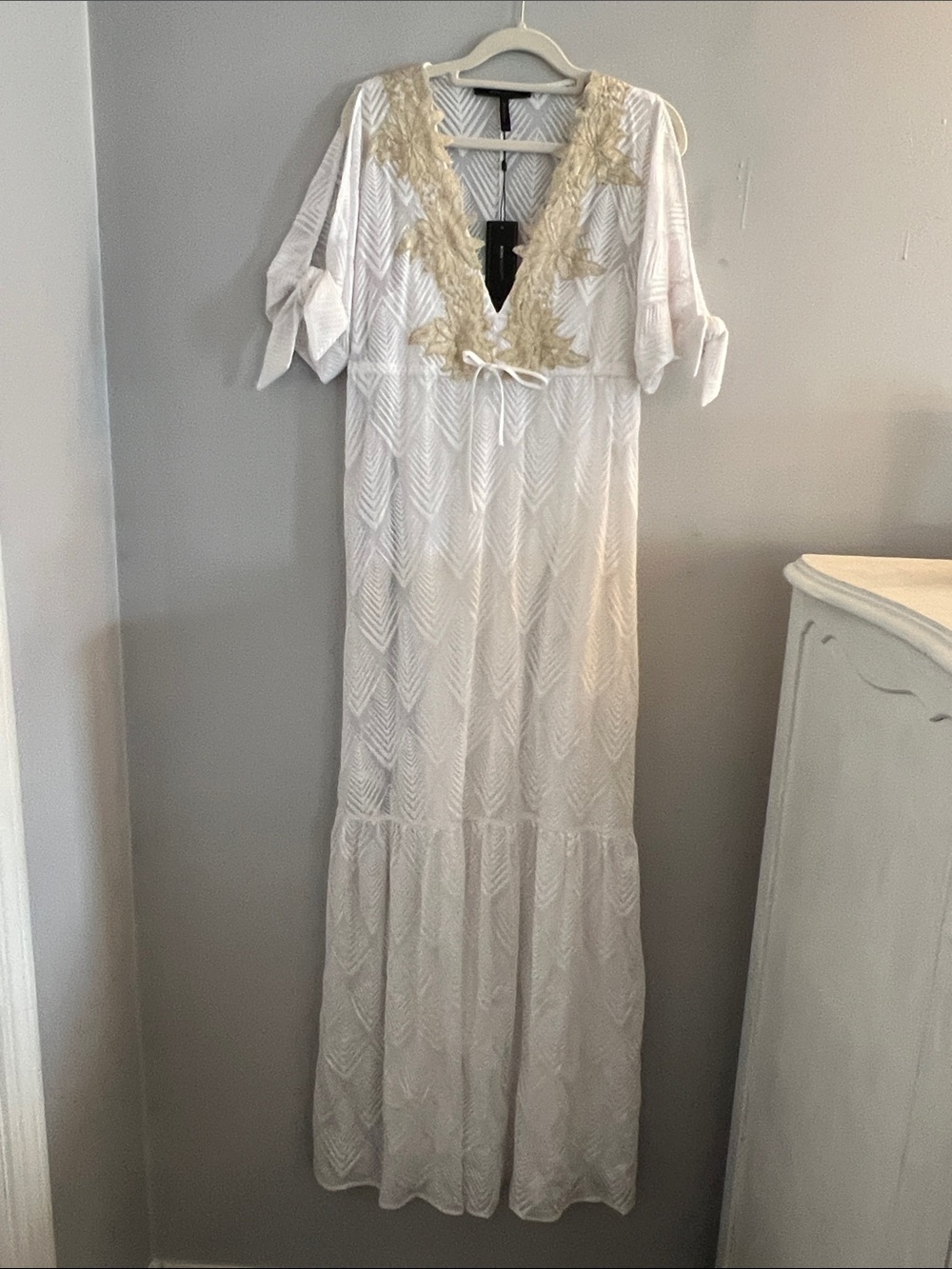 BCBG white with gold embroidery maxi dress